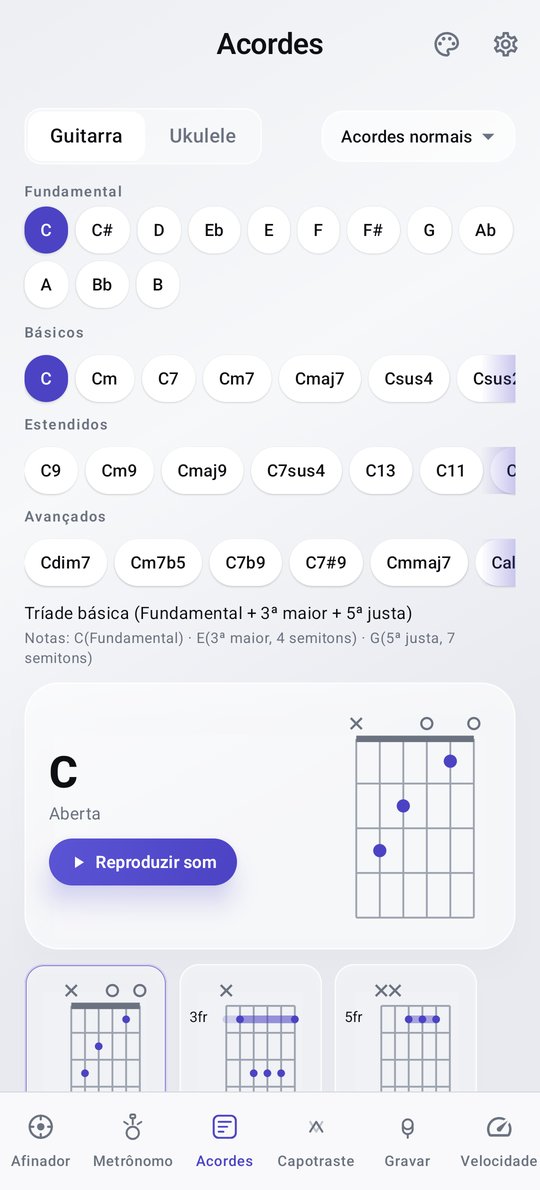 Tela do dicionário de acordes de violão do PluckUp